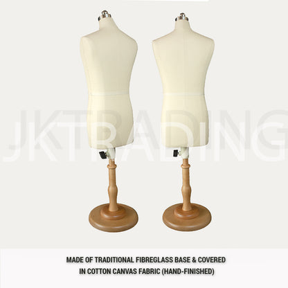 Two mannequins with traditional fibreglass bases and cotton canvas fabric covers on a white background.