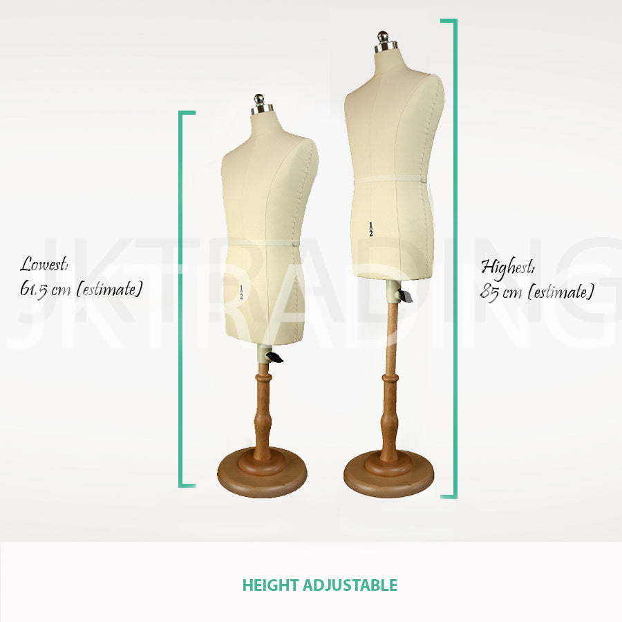 Two mannequins with height measurement labels on a white background