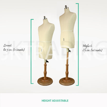 Two mannequins with height measurement labels on a white background