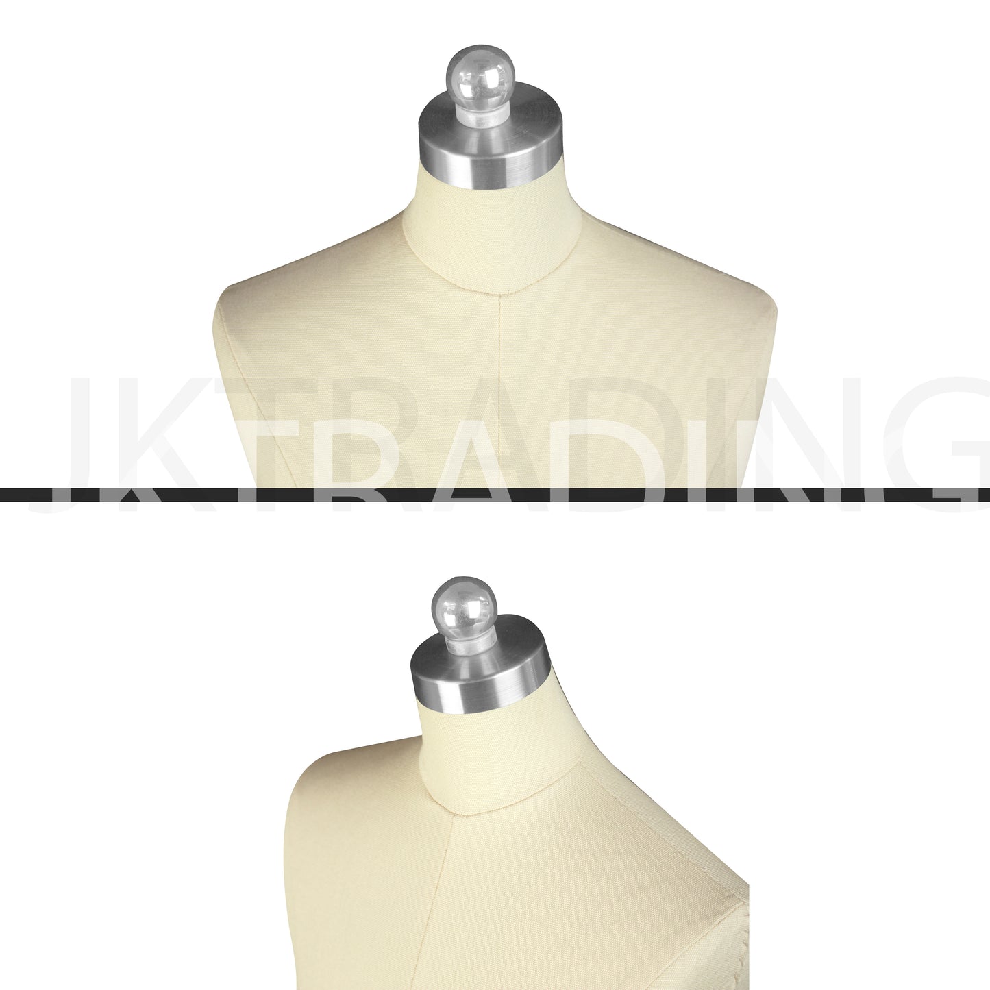 Close-up detailing the premium metal neck cap and clean shoulder stitching on the mini male pattern draping form.