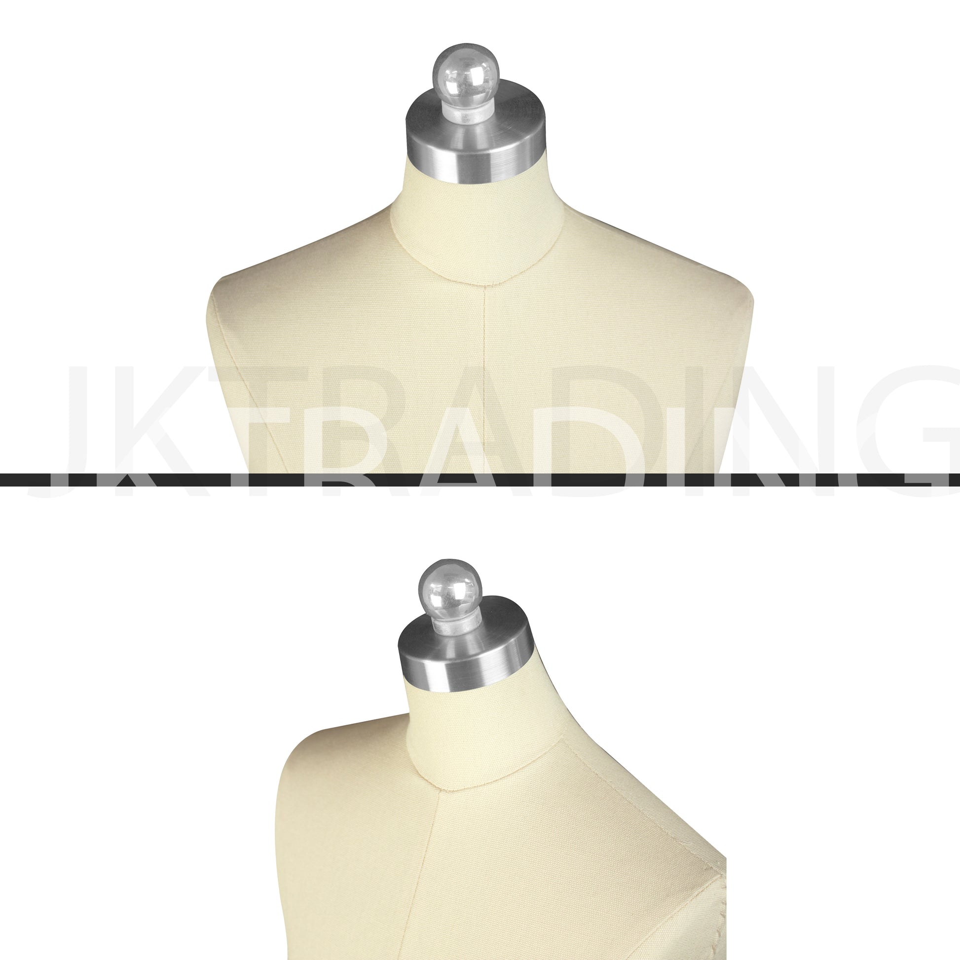 Close-up detailing the premium metal neck cap and clean shoulder stitching on the mini male pattern draping form.