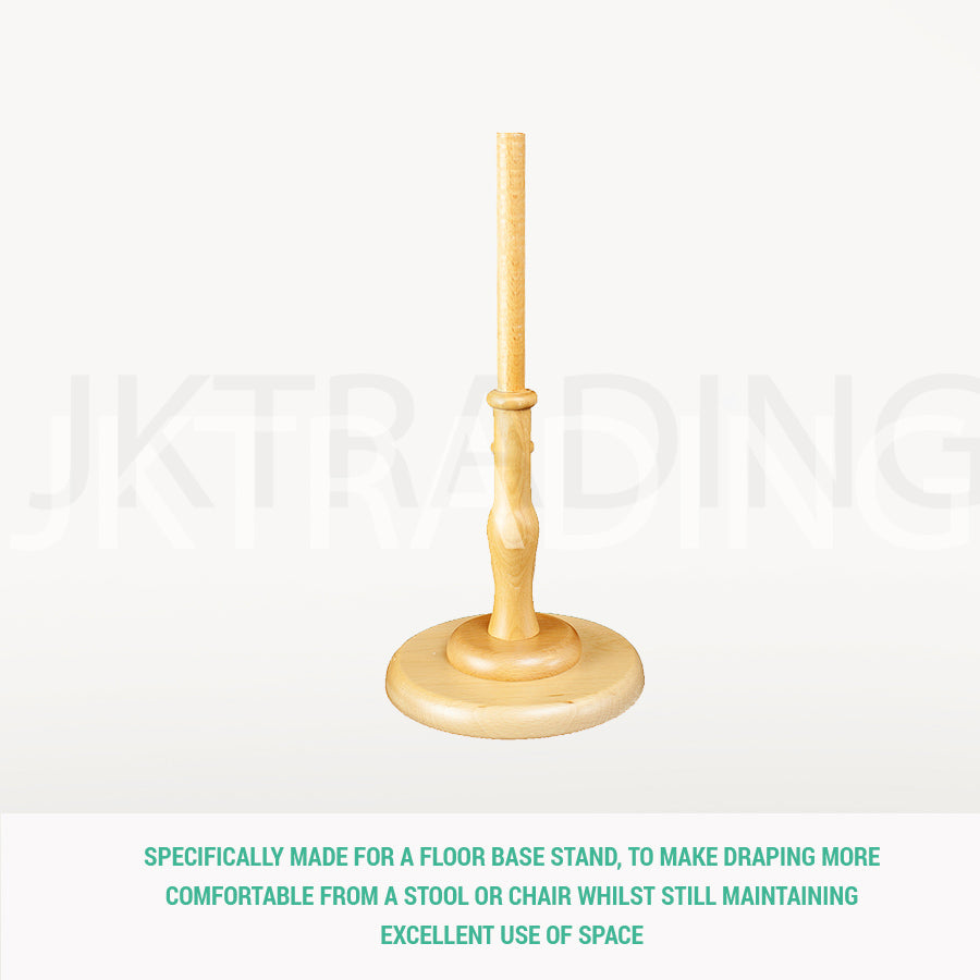 Complete height-adjustable turned wooden table stand base component for the half scale sewing mannequin.