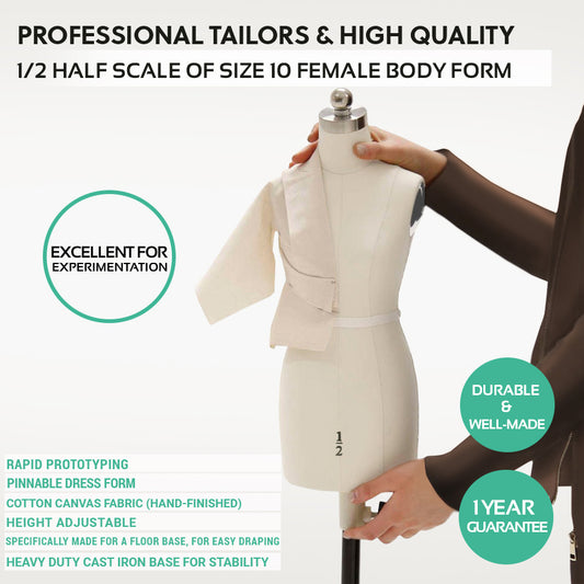 Hands adjust a professional 1/2 half scale mini female dress form body on a stable black steel table base.