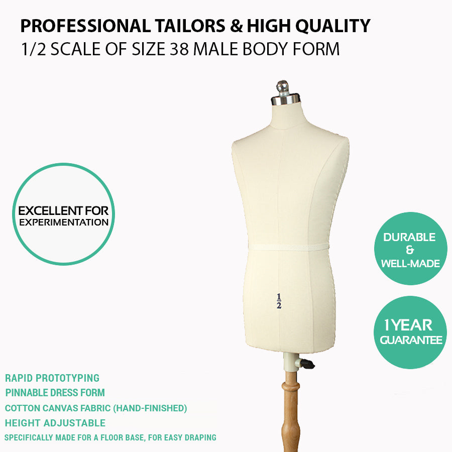 Mannequin torso on a stand with text highlighting features and benefits