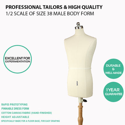 Mannequin torso on a stand with text highlighting features and benefits