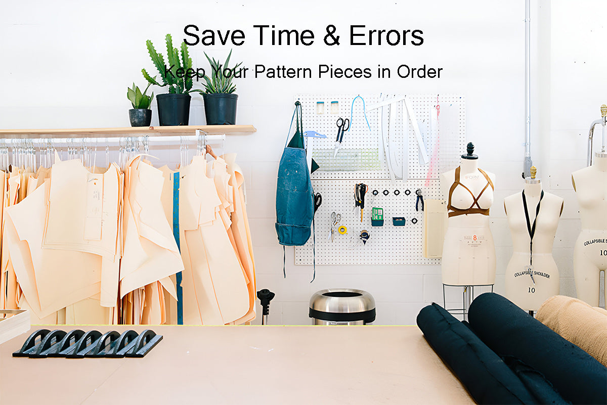Professional fashion design studio workspace utilizing efficient pattern storage solutions to save space.