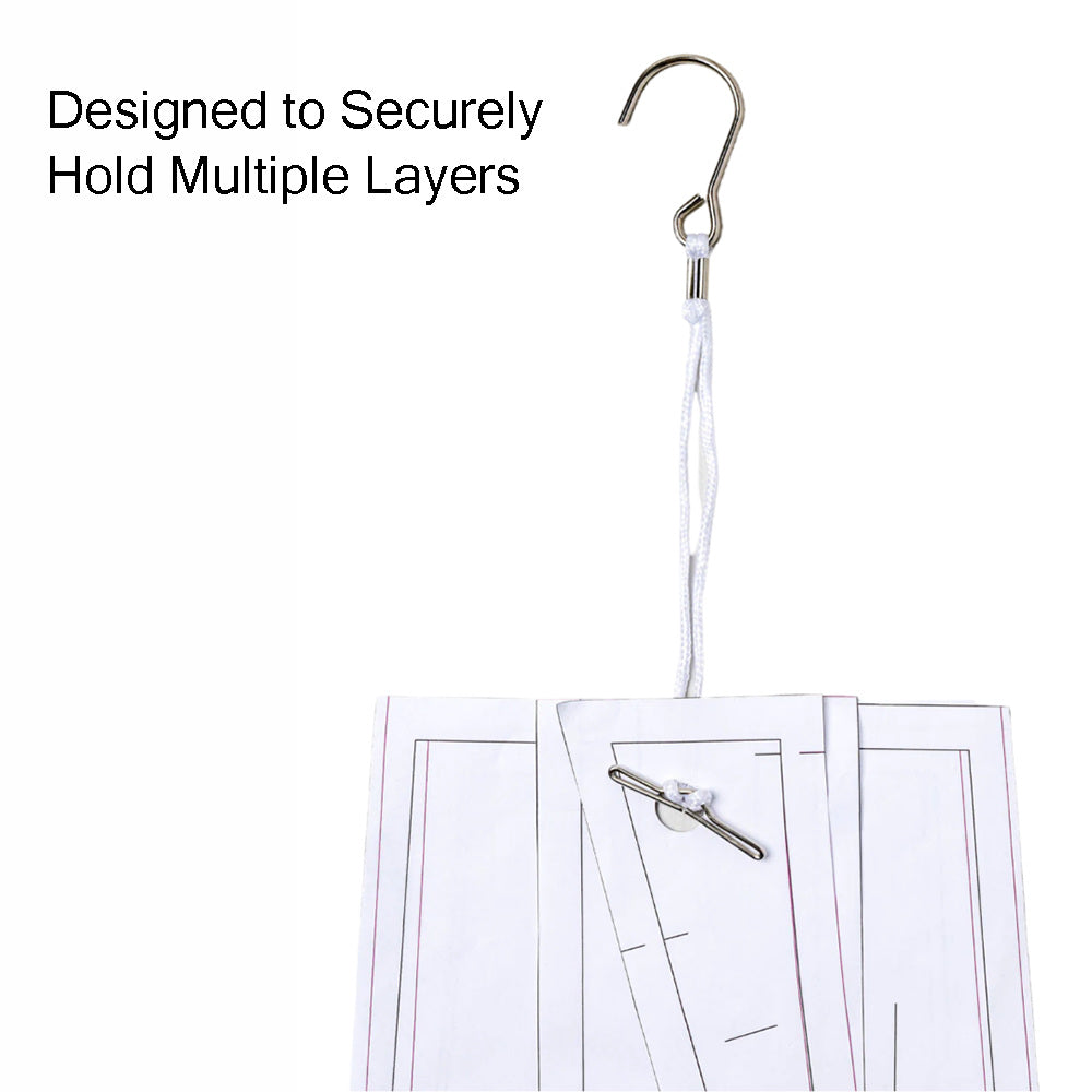 Securely holding multiple layers of paper slopers and blocks with a durable metal pattern hook.