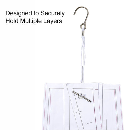 Securely holding multiple layers of paper slopers and blocks with a durable metal pattern hook.