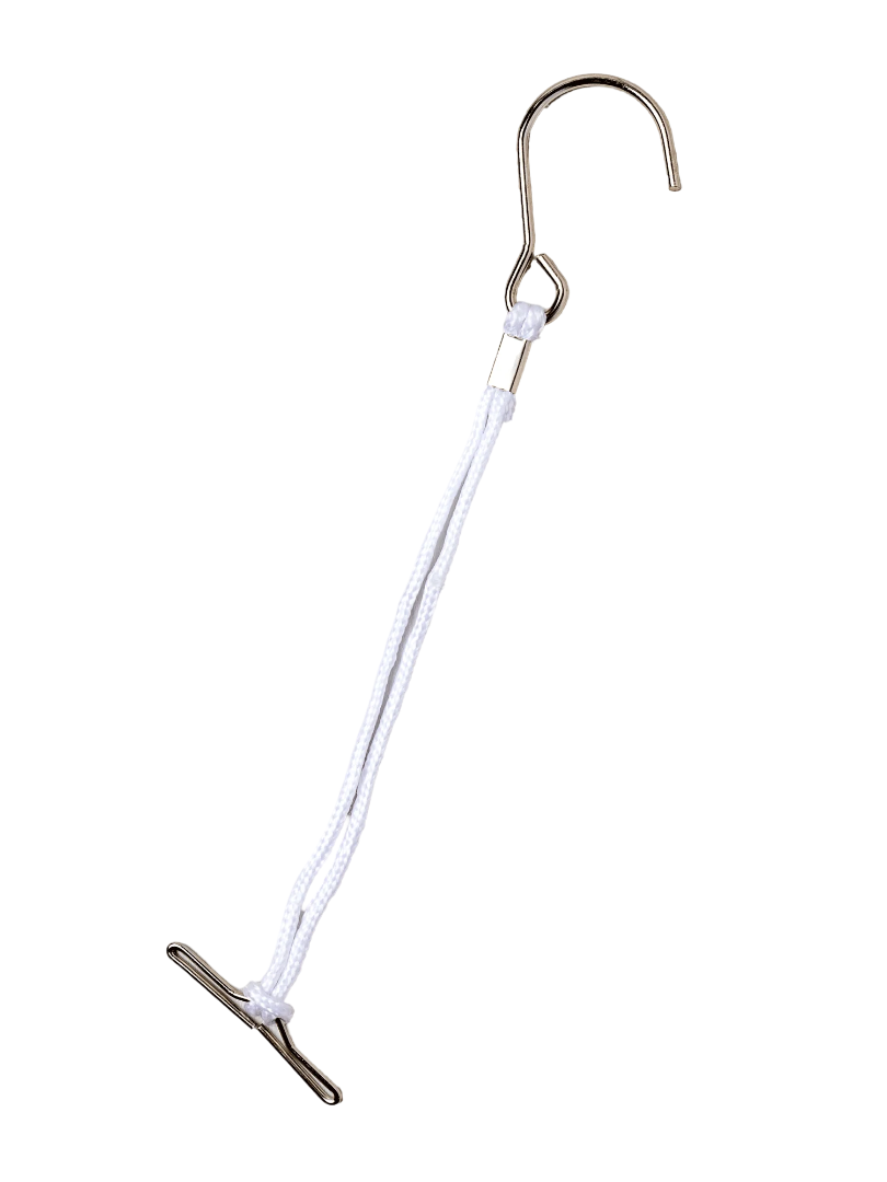 Close-up profile of a single heavy-duty white nylon cord t-bar hanger hook for pattern making.