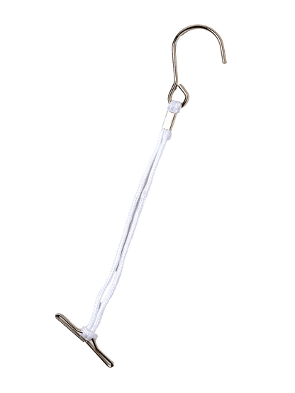Close-up profile of a single heavy-duty white nylon cord t-bar hanger hook for pattern making.