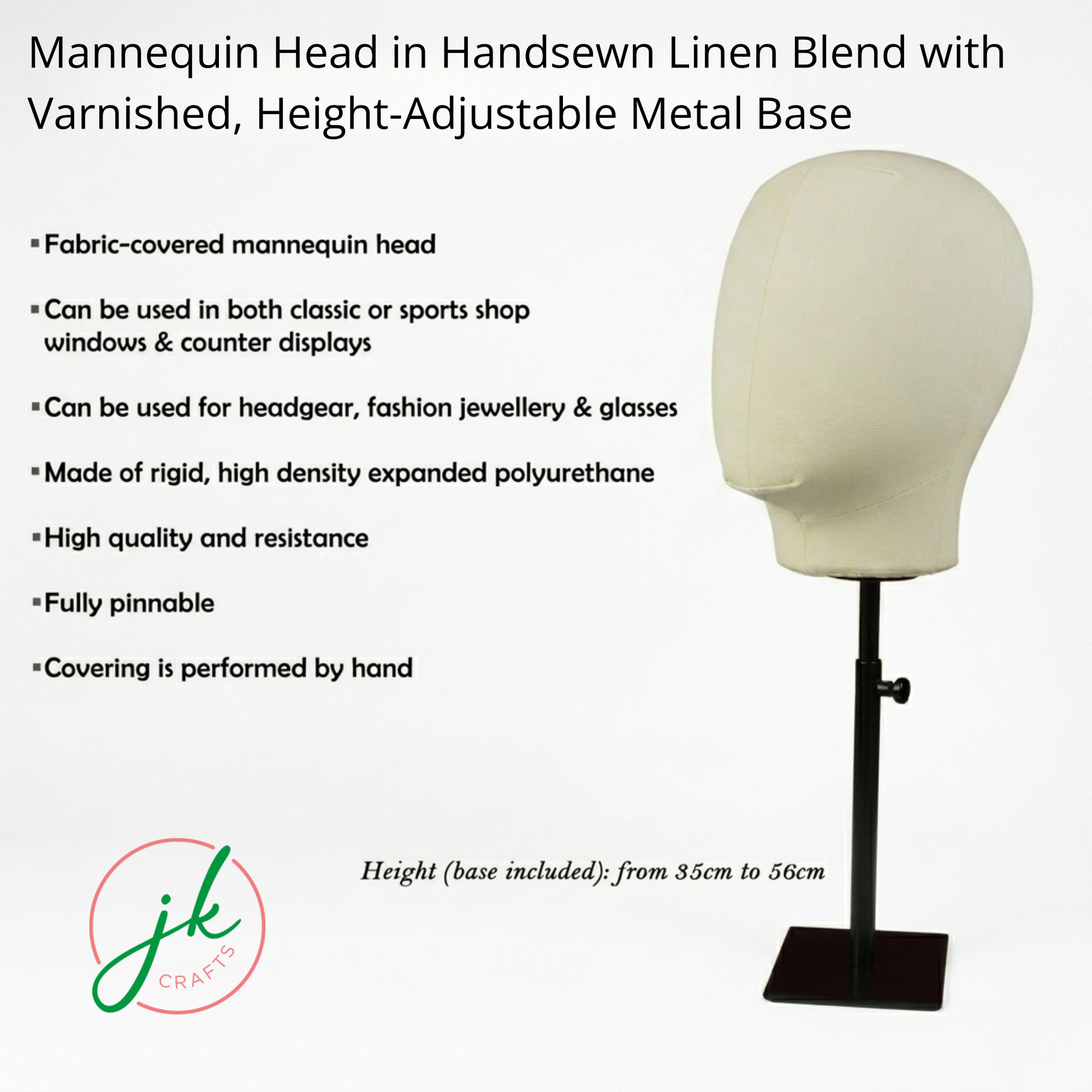 Mannequin head with height-adjustable metal base on a white background, featuring text about its features.