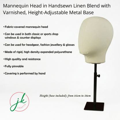 Mannequin head with height-adjustable metal base on a white background, featuring text about its features.