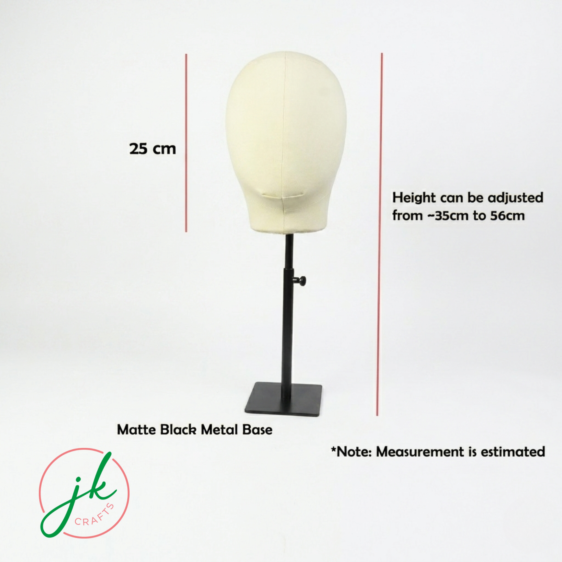 Mannequin head on a adjustable stand with measurements and brand logo.
