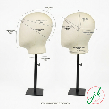 Two mannequin heads on stands with measurement labels and Jk Crafts logo.