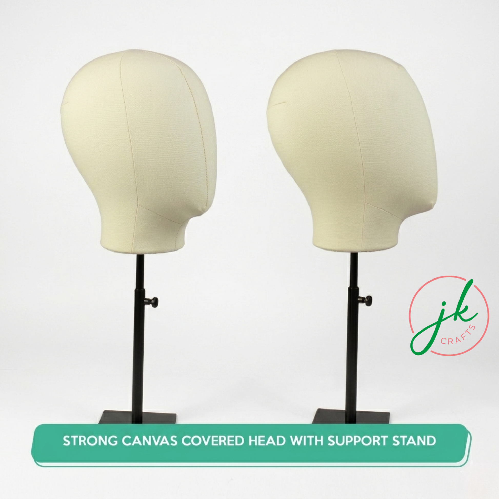 Two mannequin heads with canvas covers on stands against a white background, featuring the brand 'jk craft'.