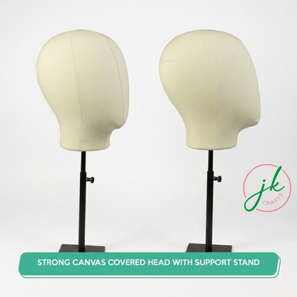 Two mannequin heads with canvas covers on stands against a white background, featuring the brand 'jk craft'.