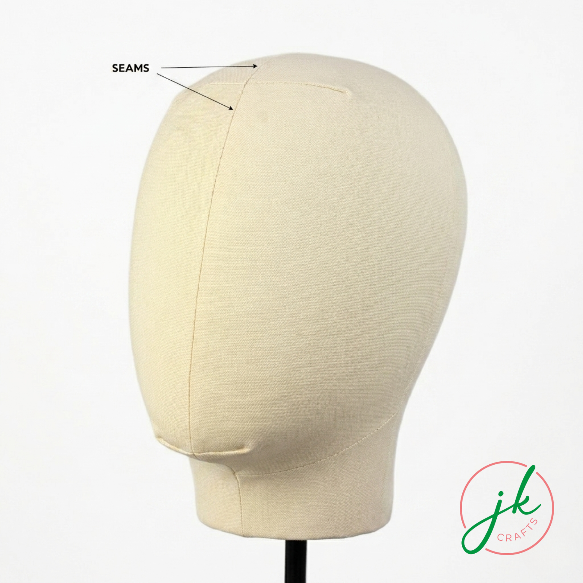 Beige mannequin head with seam lines labeled on a white background, featuring the brand 'jk crafts'.