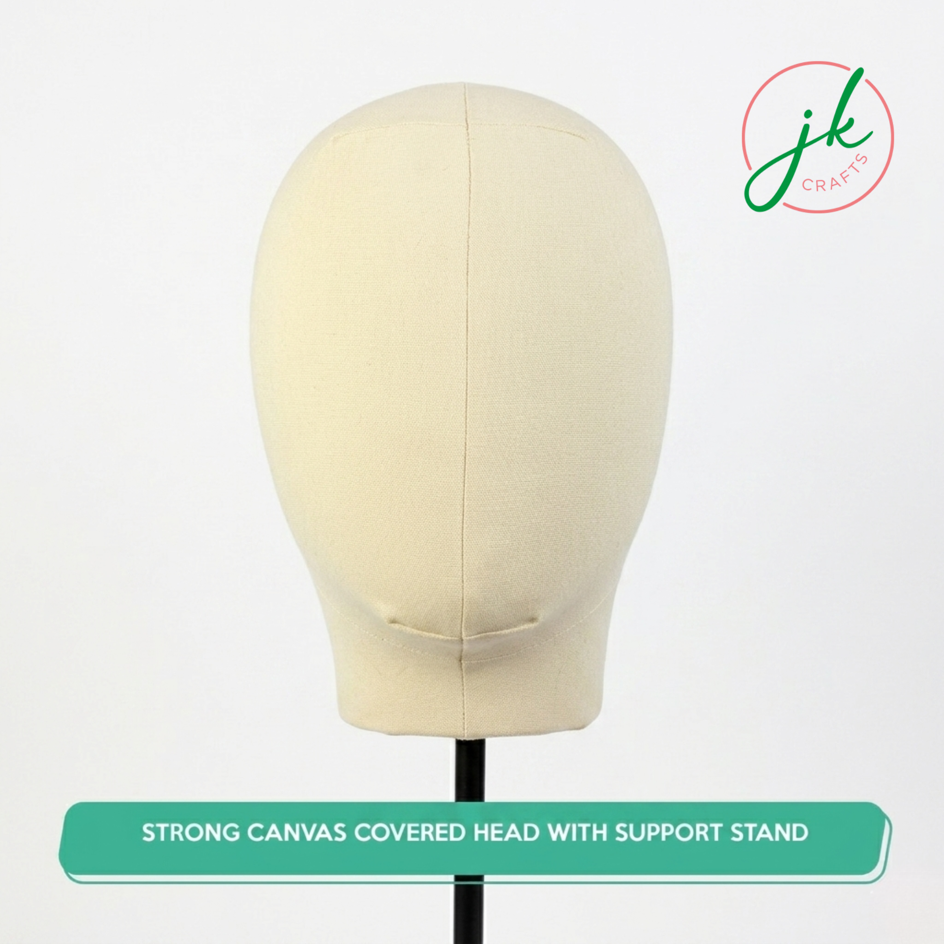 Beige mannequin head with support stand on a white background, branded 'jk craft'.