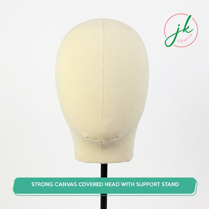 Beige mannequin head with support stand on a white background, branded 'jk craft'.