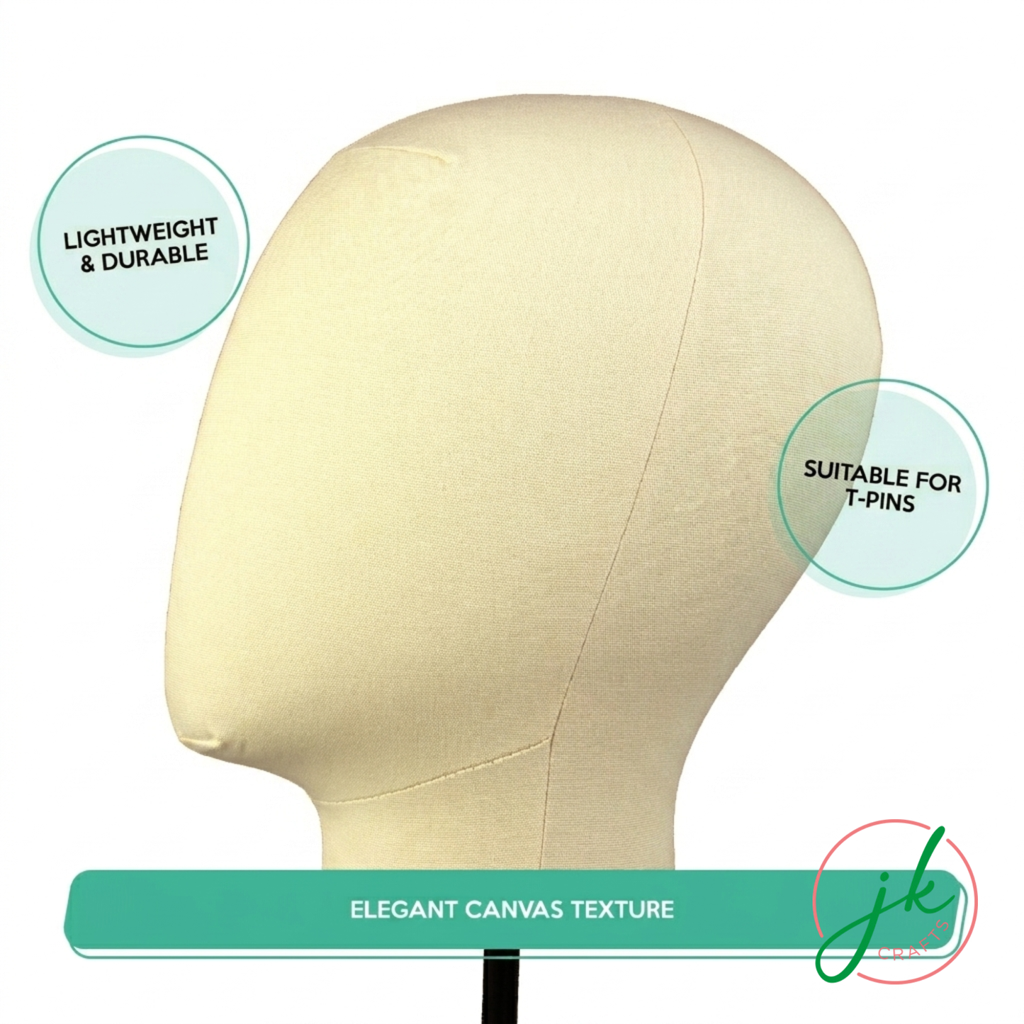 Mannequin head with beige canvas texture, suitable for T-pins, on a white background.