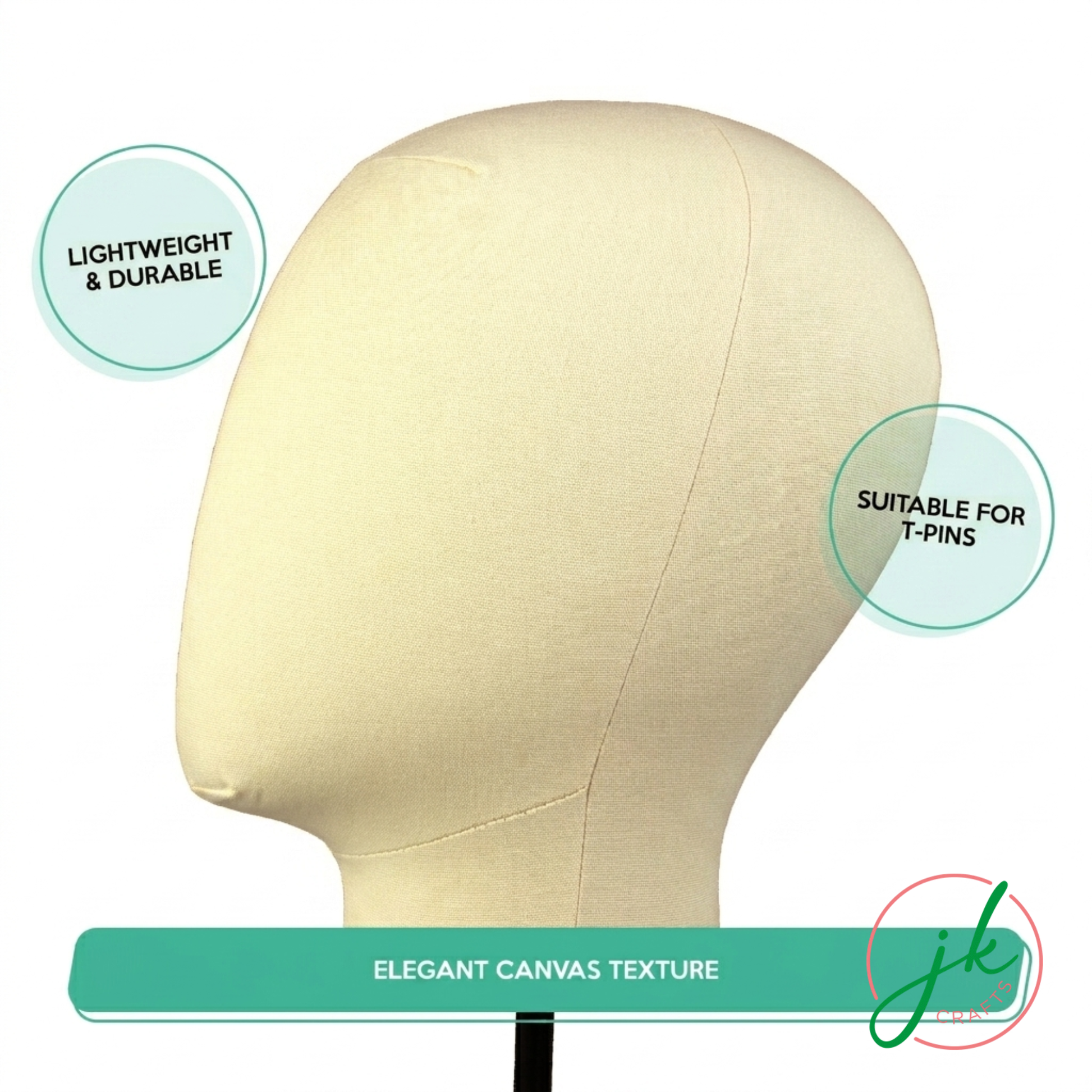 Mannequin head with beige canvas texture, suitable for T-pins, on a white background.