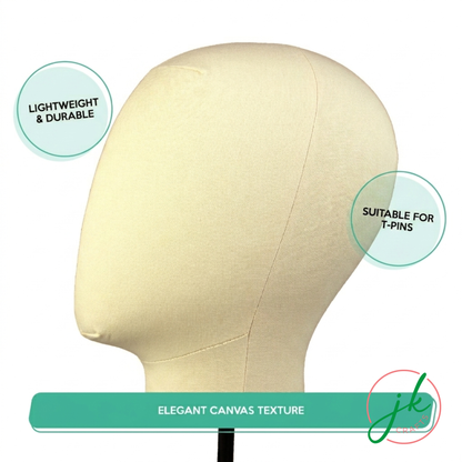 Mannequin head with beige canvas texture, suitable for T-pins, on a white background.