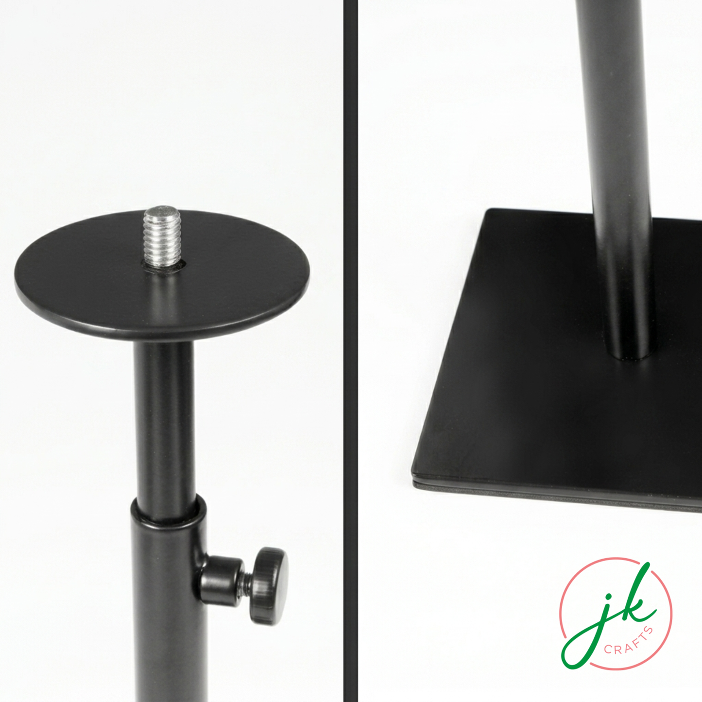 Close-up of a black adjustable stand with a white background, featuring the 'jk crafts' logo.
