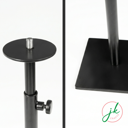 Close-up of a black adjustable stand with a white background, featuring the 'jk crafts' logo.