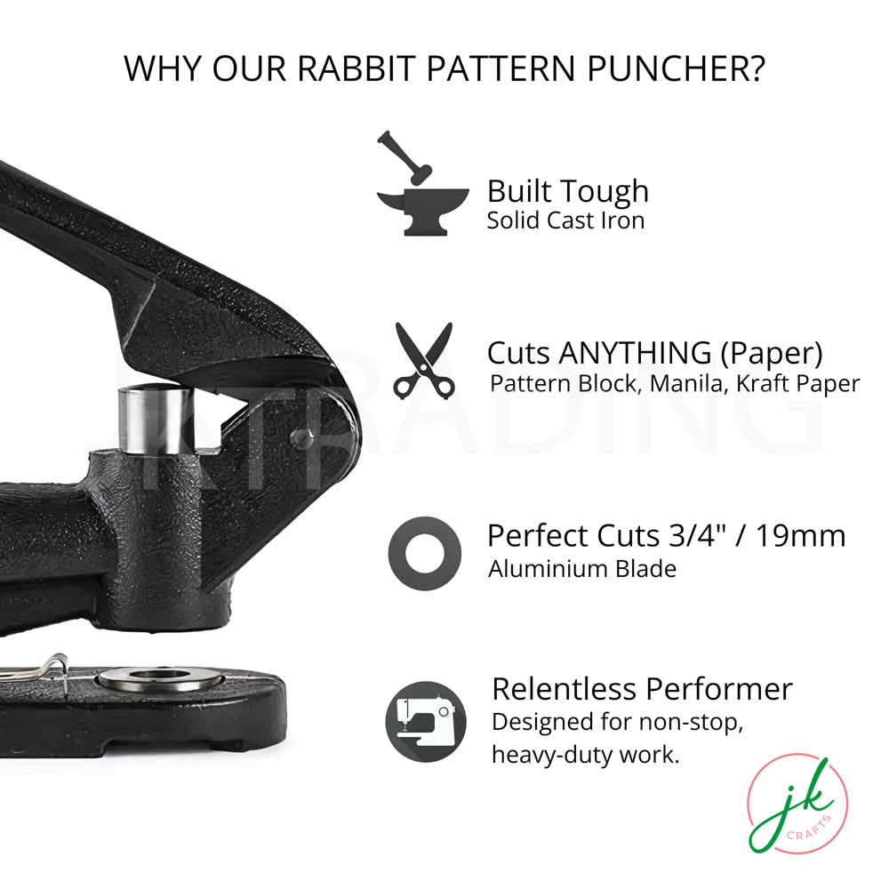 Rabbit pattern puncher with features listed on a white background