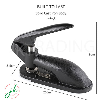Sleek black heavy duty single hole punch lever machine angled view showing the ergonomic grip handle.