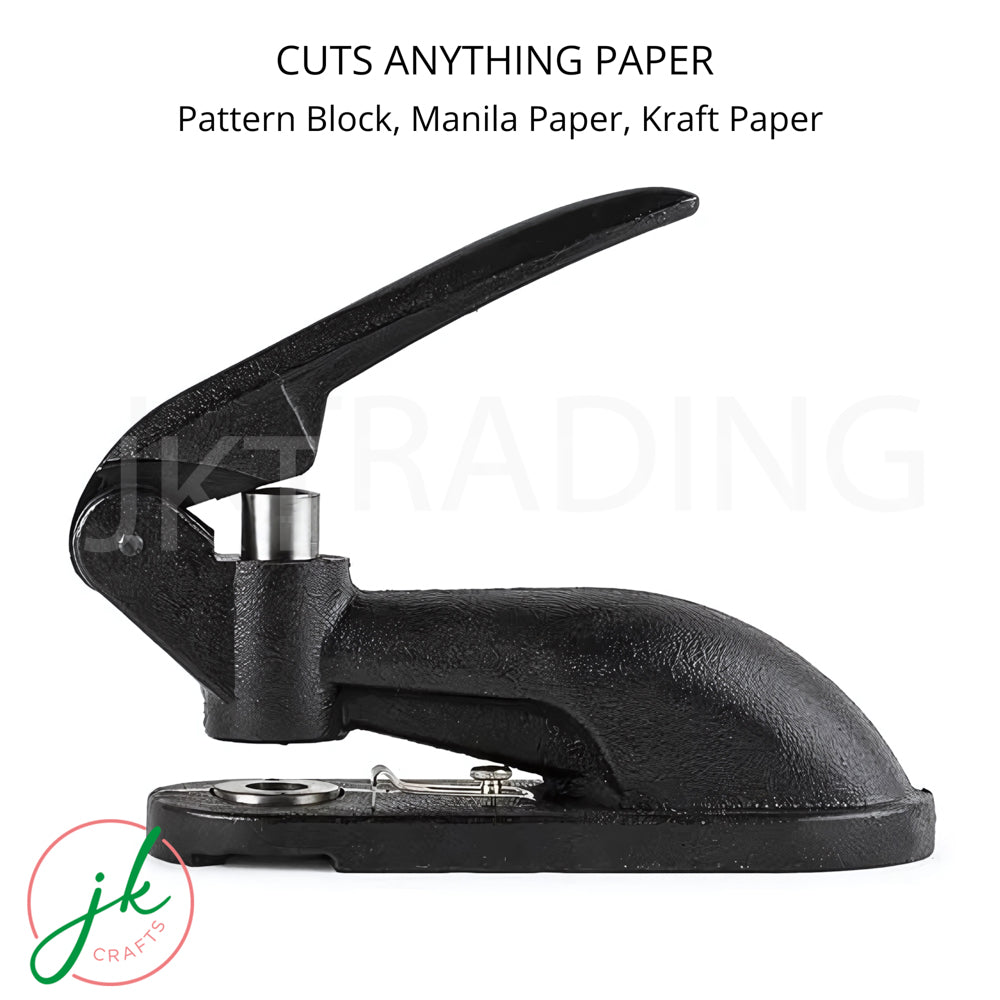 Black paper cutter with text indicating its capabilities on a white background