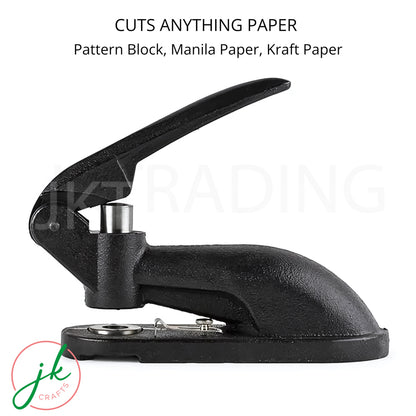 Black paper cutter with text indicating its capabilities on a white background