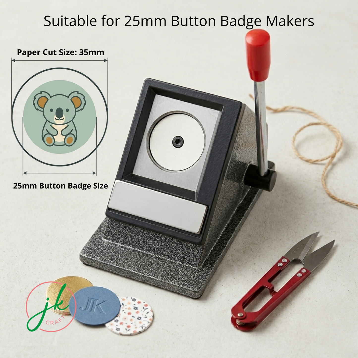 Button badge maker with paper cut size and button badge size indicators, accompanied by a pair of Nipper.