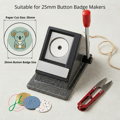 Button badge maker with paper cut size and button badge size indicators, accompanied by a pair of Nipper.