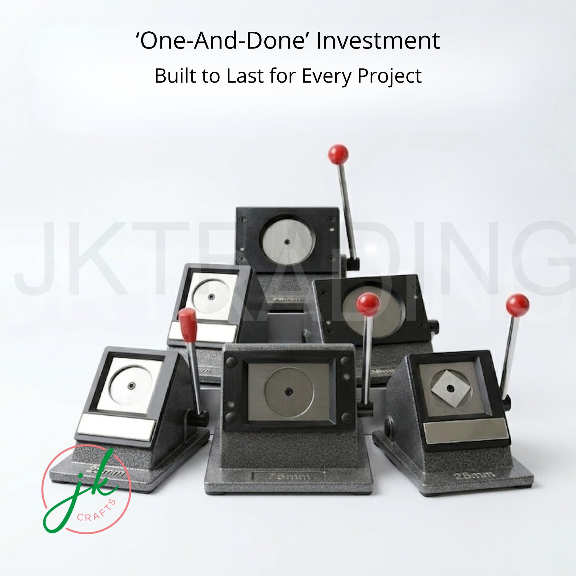 Display of multiple multi-size professional standing circle punch cutters for commercial button making.
