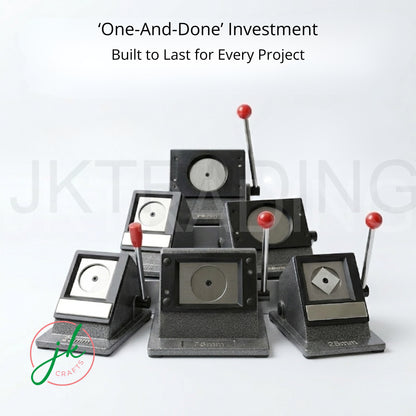 Display of multiple multi-size professional standing circle punch cutters for commercial button making.