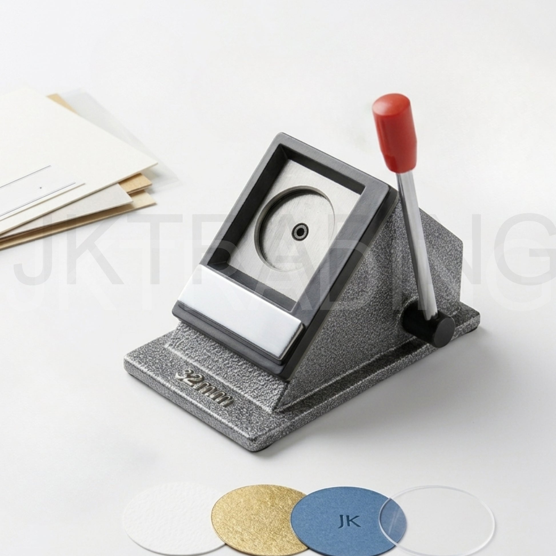 Circular paper cutter with a red handle on a white background