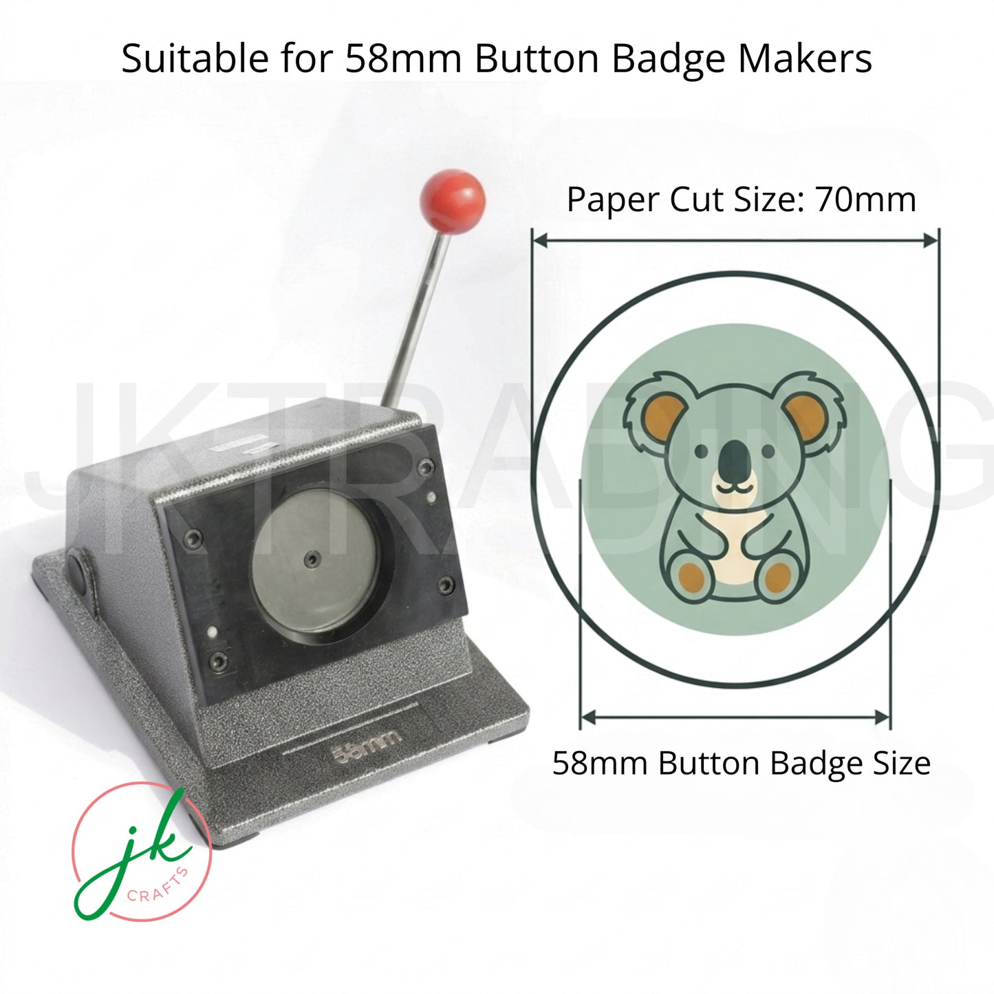 Button badge maker with dimensions for 58mm button badges and a sample cutout of a koala design.