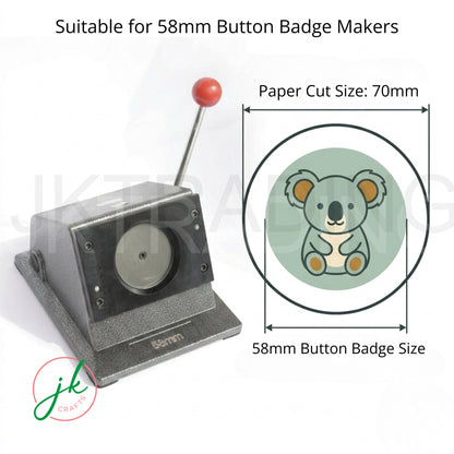 Button badge maker with dimensions for 58mm button badges and a sample cutout of a koala design.