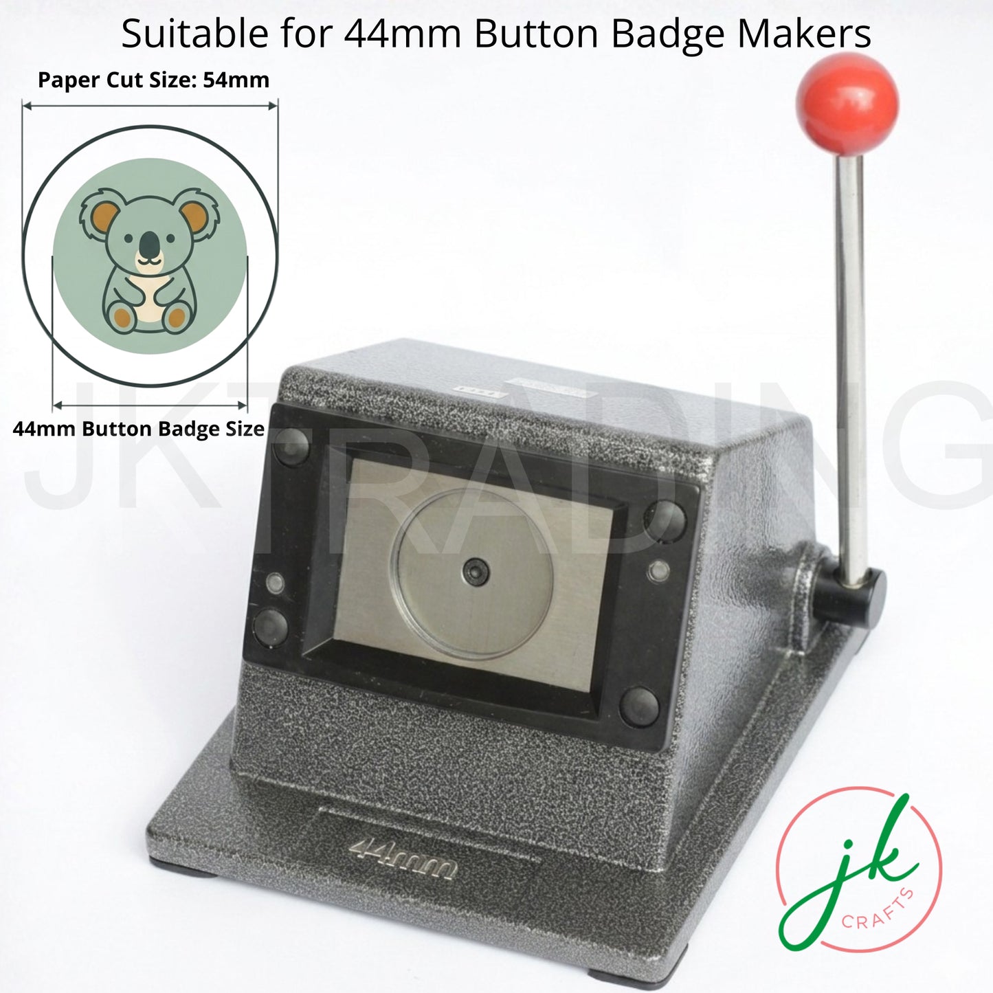 Button badge maker suitable for 44mm buttons with a koala design on paper.
