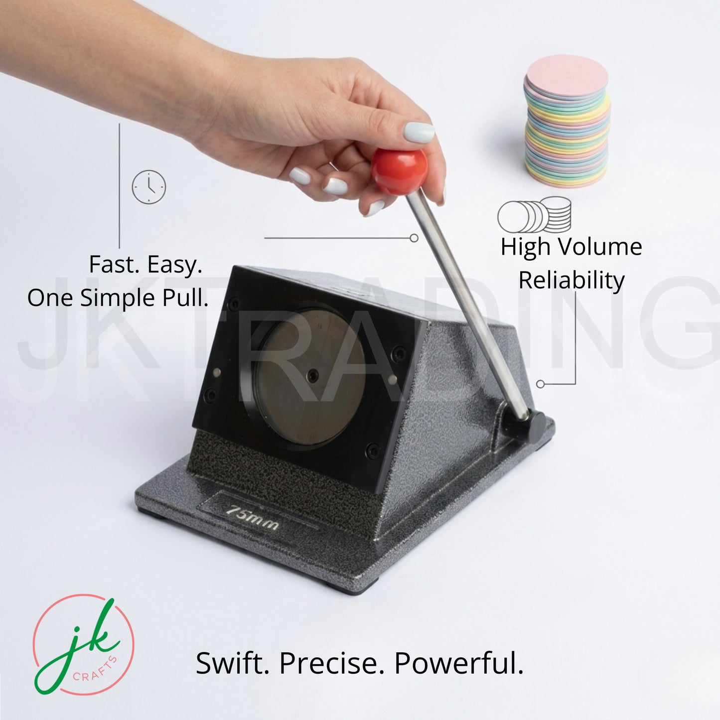 Red and black heavy-duty professional button maker press machines showing complete workshop equipment options.