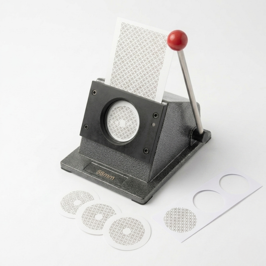 Heavy duty 58mm graphic punch cutter machine slicing a circle template from a paper sheet.