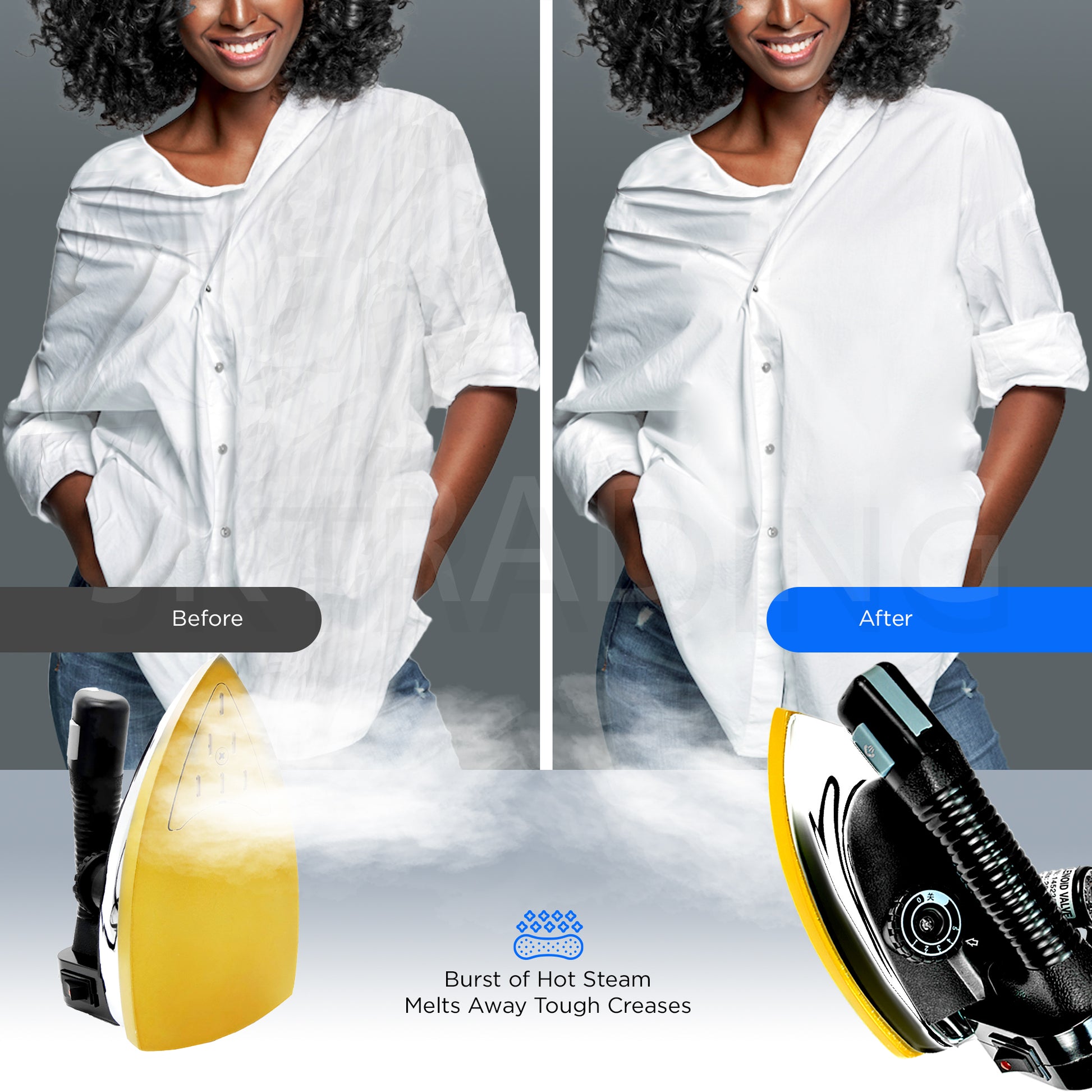 Side-by-side comparison illustrating a wrinkly shirt next to a perfectly pressed shirt using a high-pressure garment steamer.