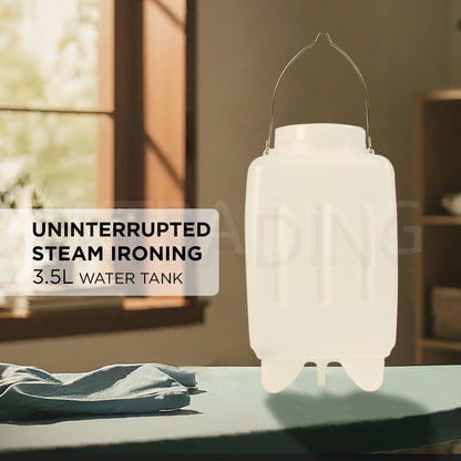 Large capacity clear plastic hanging water bottle tank for uninterrupted gravity feed steam generation.