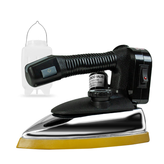 Professional industrial gravity feed steam iron with a thick base plate isolated on a white background.