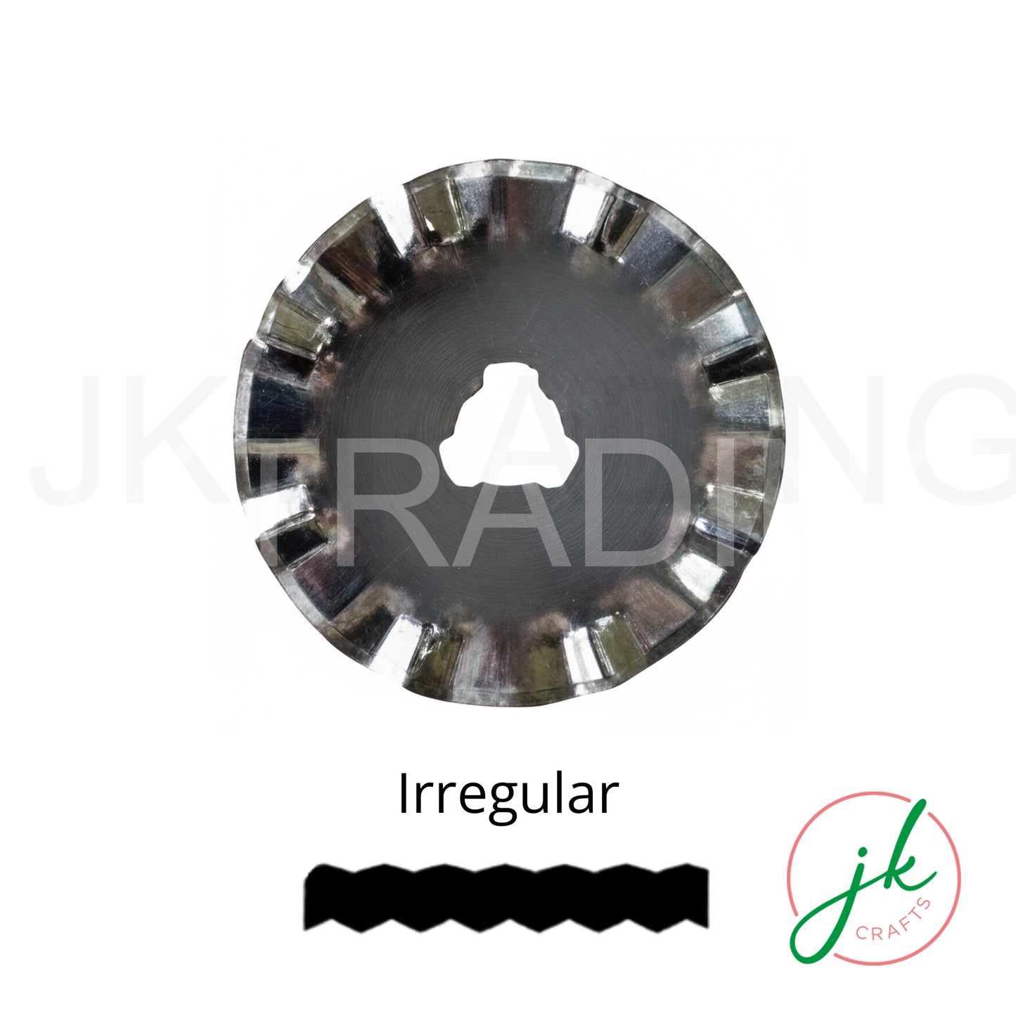 Irregular pattern steel cutting wheel illustrating a stylized organic jagged edge path for creative textiles.