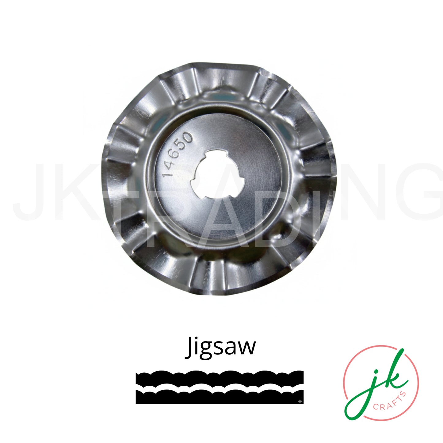Jigsaw edge replacement rotary tool blade showing its interlocking tooth profile and cut pattern sample.