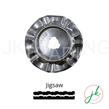 Jigsaw edge replacement rotary tool blade showing its interlocking tooth profile and cut pattern sample.