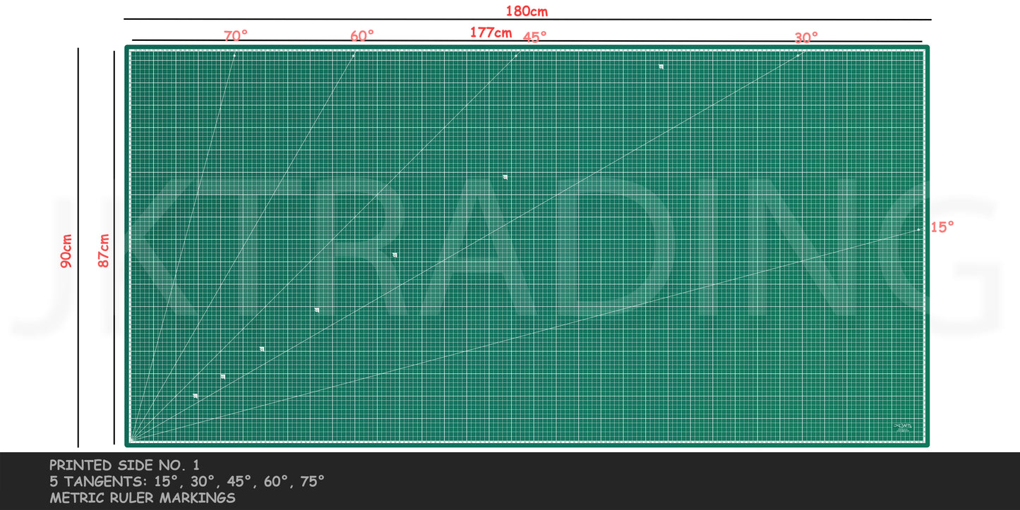 Large green cutting mat with grid lines and measurements, featuring the brand 'JKtrading'.