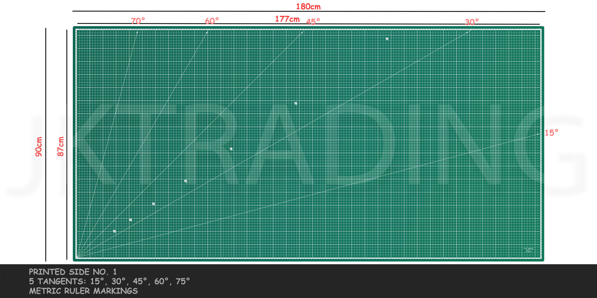 Large green cutting mat with grid lines and measurements, featuring the brand 'JKtrading'.